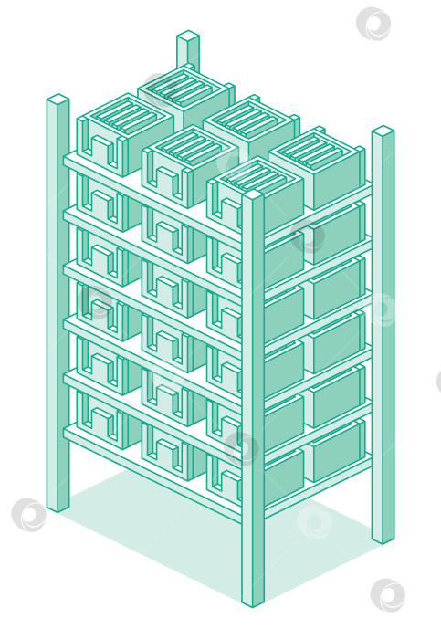 Скачать Изометрический складской стеллаж с ящиками для хранения. Промышленная стеллажная система в контурном стиле. Иллюстрация. Объект, выделенный на белом фоне. фотосток Ozero
