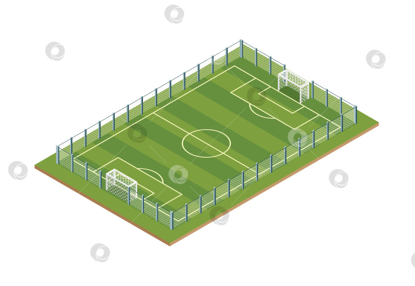 Скачать Изометрическое футбольное поле с ограждением и двумя воротами. Футбольное поле с зеленой разметкой в чистом геометрическом стиле. Иллюстрация. Объект, выделенный на белом фоне. фотосток Ozero