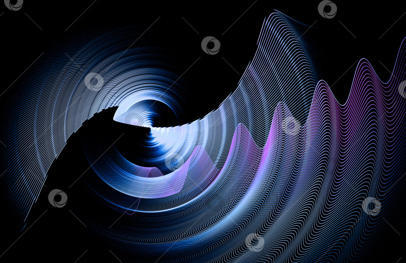 Скачать Абстрактные волнистые плоскости в сине-фиолетовую полоску вращаются на черном фоне. Абстрактный фрактальный фон. Иконка, логотип, символ, вывеска. 3D-рендеринг. 3D-иллюстрация. фотосток Ozero