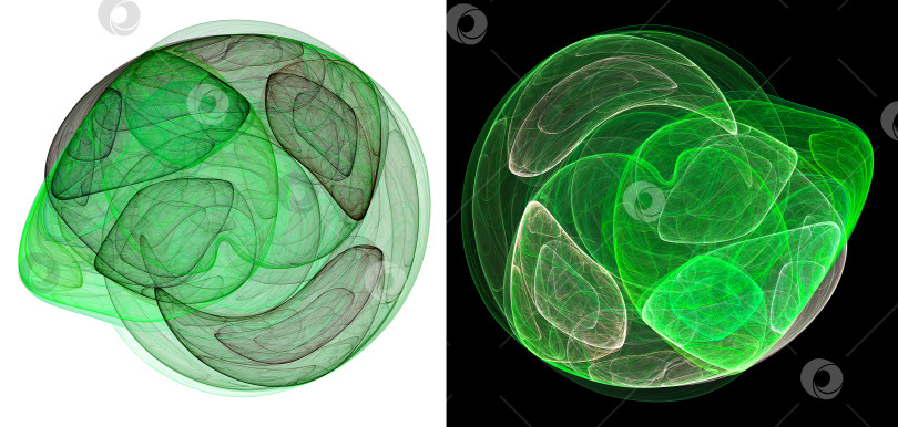 Скачать Абстрактные прозрачные зеленые округлые формы с динамичными объектами внутри на черном и белом фоне. Элементы графического дизайна. Набор. 3D-рендеринг. 3D-иллюстрация. фотосток Ozero