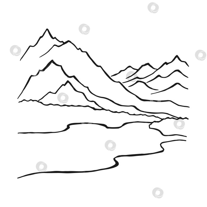 Скачать Пейзаж с горами и лесом. Рисованная иллюстрация, преобразованная в векторную форму. фотосток Ozero