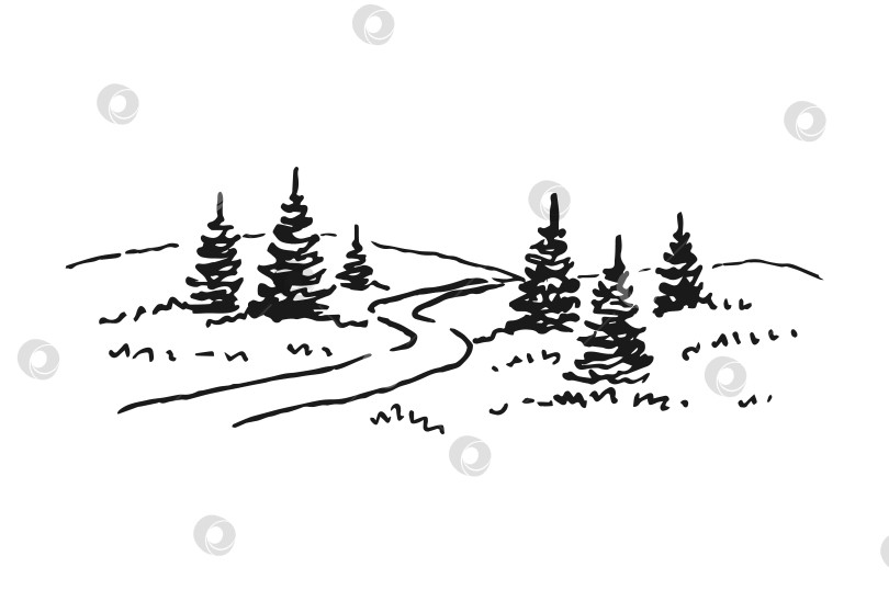 Скачать Сельский пейзаж с дорогой и деревом. Рисованная иллюстрация, переведенная в векторную форму. фотосток Ozero