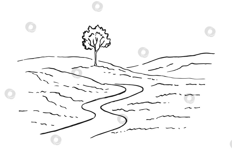 Скачать Сельский пейзаж с дорогой и деревом. Рисованная иллюстрация, переведенная в векторную форму. фотосток Ozero