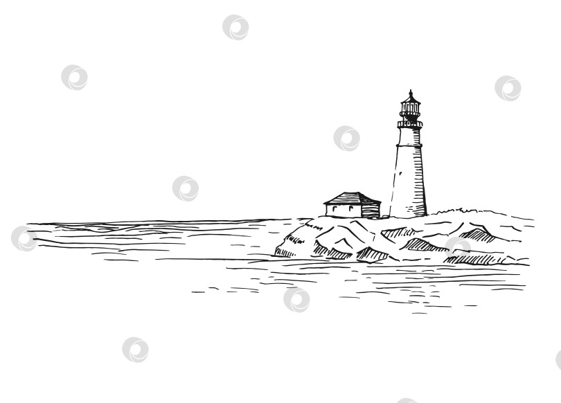 Скачать Маяк. Морской пейзаж. Векторная иллюстрация, нарисованная от руки. фотосток Ozero