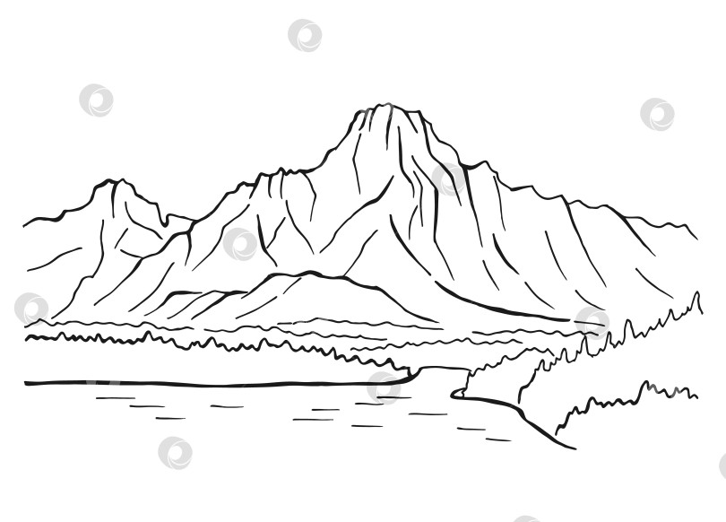 Скачать Рисованная векторная иллюстрация природы с горами и лесом на первый взгляд. Используется для создания фона и открыток о путешествиях и природе фотосток Ozero