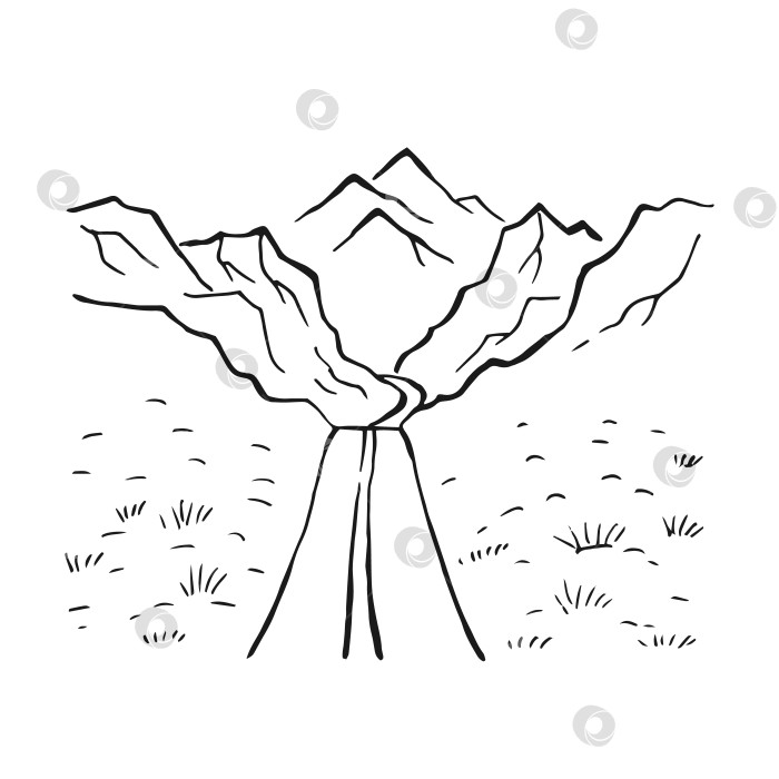 Скачать Дорога в горы. Нарисованный от руки пейзаж, черный на белом фоне фотосток Ozero