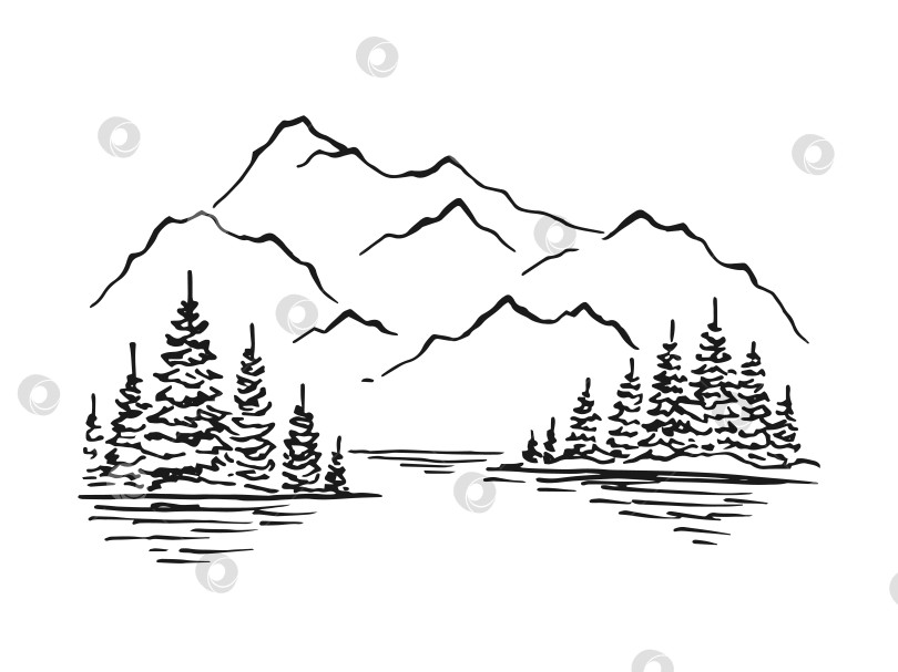 Скачать Гора с соснами и озерным пейзажем. Скалистые вершины, нарисованные от руки в стиле эскиза. фотосток Ozero