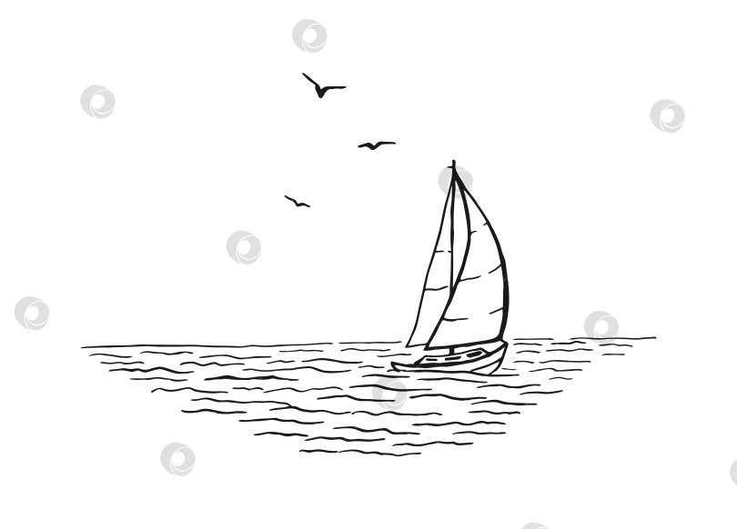 Скачать Морской пейзаж. Пейзаж, море, парусник, чайки. Рисованная иллюстрация, переведенная в векторную форму. фотосток Ozero