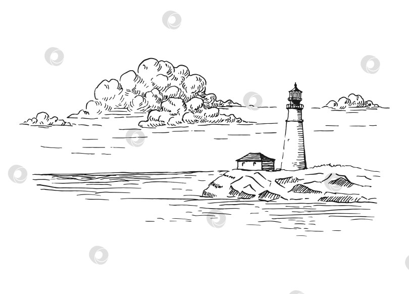 Скачать Морской пейзаж. Маяк. Рисованная иллюстрация, преобразованная в векторную форму. фотосток Ozero