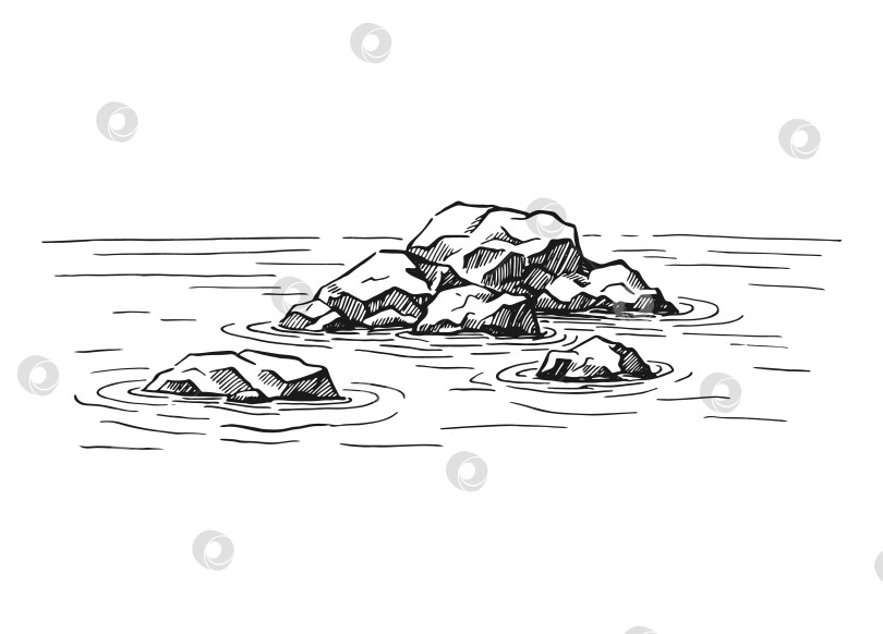 Скачать Скалы, морской пейзаж. Рисованная иллюстрация, преобразованная в векторную форму. фотосток Ozero
