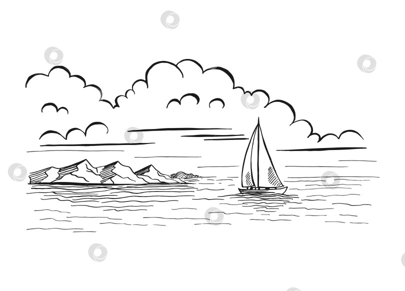 Скачать Морской пейзаж. Пейзаж, море, парусник, скалы. Векторная иллюстрация, нарисованная от руки. фотосток Ozero