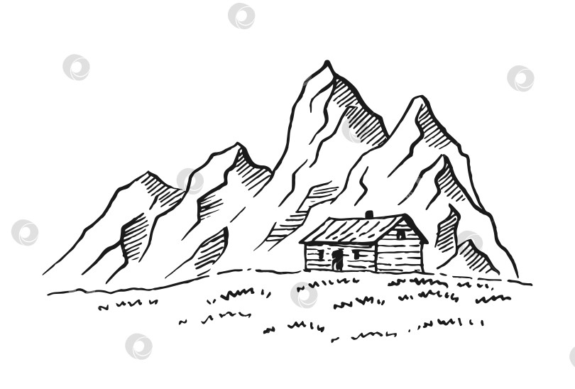 Скачать Гора с соснами и пейзажем загородного дома, черным по белому. Скалистые вершины, нарисованные от руки в стиле эскиза. Векторная иллюстрация. фотосток Ozero