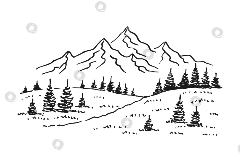 Скачать Пейзаж с горами и лесом. Рисованная иллюстрация, преобразованная в векторную форму. фотосток Ozero