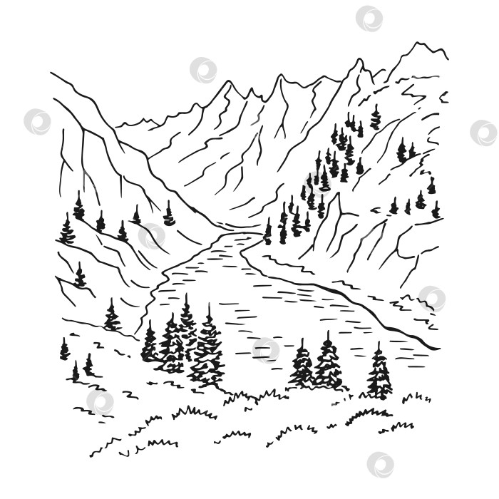 Скачать Пейзаж с горами и лесом. Рисованная иллюстрация, преобразованная в векторную форму. фотосток Ozero
