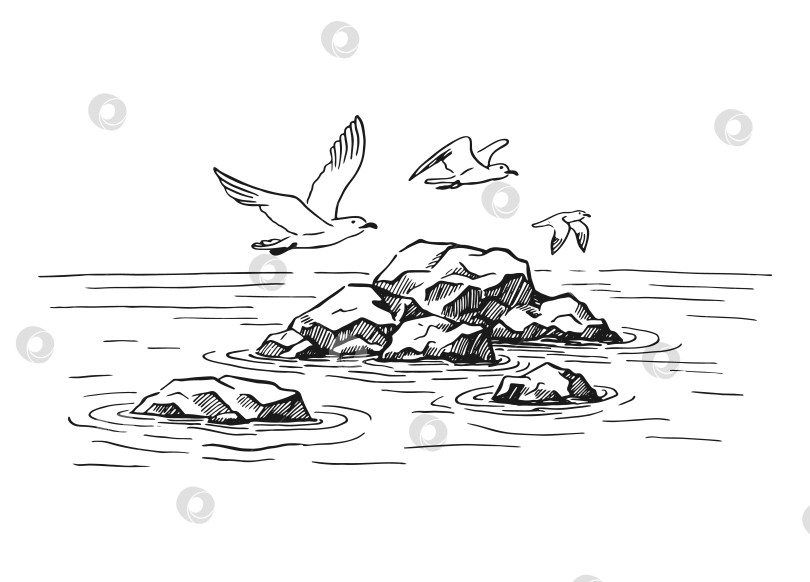 Скачать Пейзаж, море, скалы, чайки. Рисованная иллюстрация фотосток Ozero