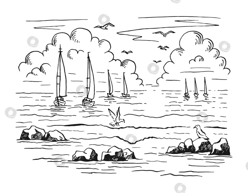 Скачать Морской пейзаж. Пейзаж, море, парусник, скалы, чайки. Векторная иллюстрация, нарисованная вручную. фотосток Ozero