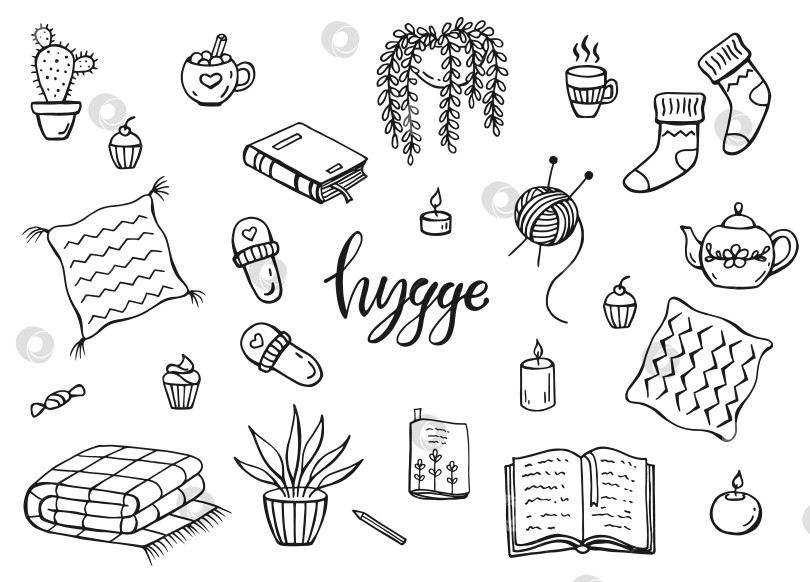 Скачать Набор элементов hygge. Векторная иллюстрация, нарисованная от руки. Уютные вещи, выделенные на белом фоне. фотосток Ozero