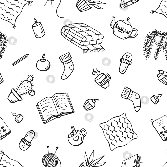 Скачать Бесшовный узор с элементами хюгге. Векторная иллюстрация, нарисованная вручную. Уютные вещи. фотосток Ozero