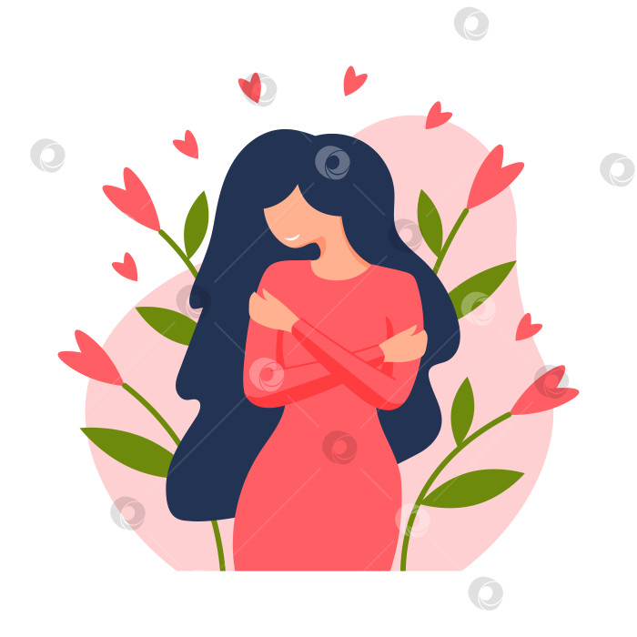 Скачать Молодая женщина обнимает себя за плечи. Люби себя. Концепция любви к себе. Концепция любви к своему телу. Векторная иллюстрация в плоском стиле фотосток Ozero