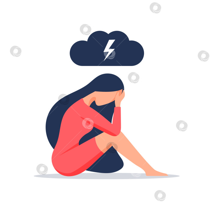 Скачать Молодая женщина в депрессии сидит, держась за голову. Грустная одинокая женщина в депрессии. Концепция стресса и эмоций. Векторная иллюстрация в плоском стиле фотосток Ozero