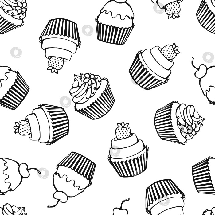 Скачать Бесшовный узор с изображением кекса. Сладости, нарисованные вручную. Векторная иллюстрация. Идеально подходит для поздравлений, приглашений, производства оберточной бумаги, текстиля и веб-дизайна. фотосток Ozero