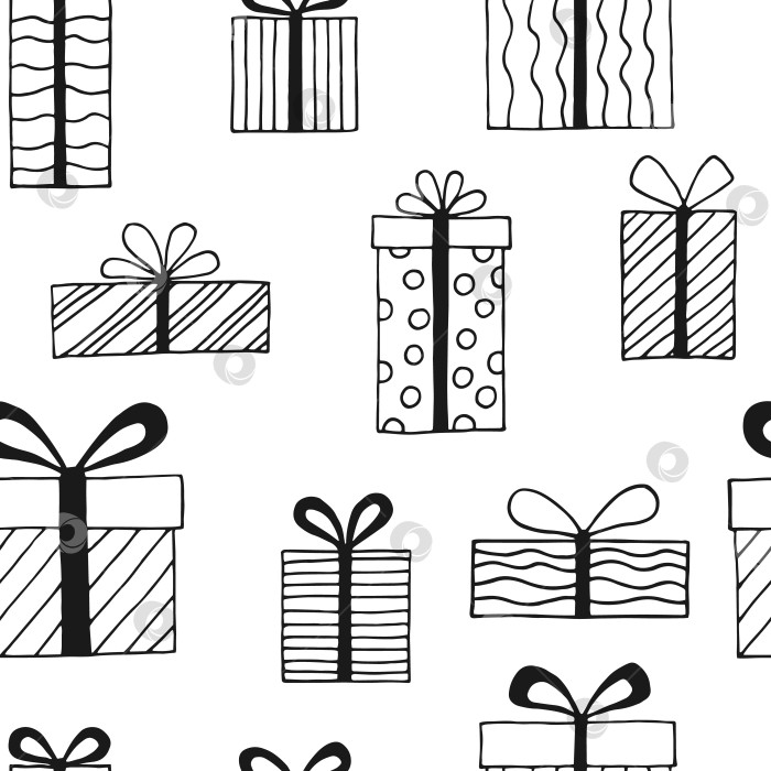 Скачать Бесшовный узор на подарочной коробке с различными бантиками. Векторная иллюстрация, нарисованная вручную. фотосток Ozero