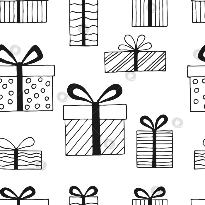 Скачать Бесшовный узор на подарочной коробке с различными бантиками. Векторная иллюстрация, нарисованная вручную. фотосток Ozero