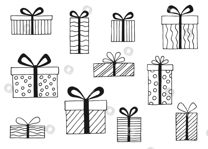 Скачать Набор с подарочной коробкой с различными бантиками. Векторная иллюстрация, нарисованная вручную. фотосток Ozero
