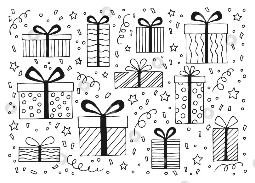 Скачать Набор с подарочной коробкой с различными бантиками. Векторная иллюстрация, нарисованная вручную. фотосток Ozero
