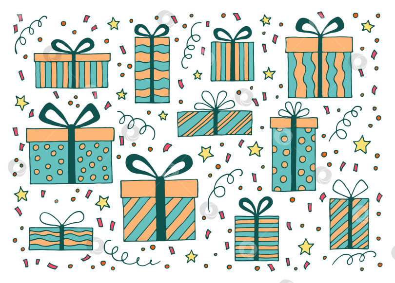 Скачать Набор с подарочной коробкой с различными бантиками. Векторная иллюстрация, нарисованная вручную. фотосток Ozero
