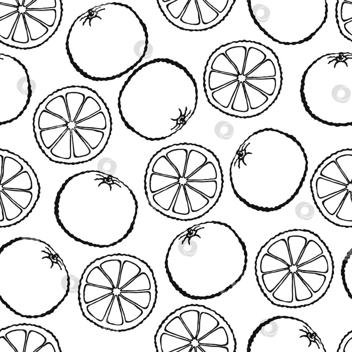 Скачать Бесшовный узор с нарисованными от руки фруктами и элементами оранжевого цвета. Вегетарианские обои. Для дизайна упаковки, текстиля, фона, дизайнерских открыток и плакатов. фотосток Ozero