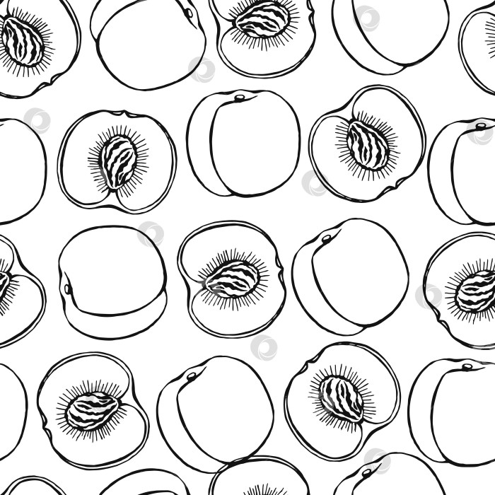 Скачать Бесшовный узор с нарисованными от руки фруктами и элементами персика. Вегетарианские обои. Для дизайна упаковки, текстиля, фона, дизайнерских открыток и плакатов. фотосток Ozero