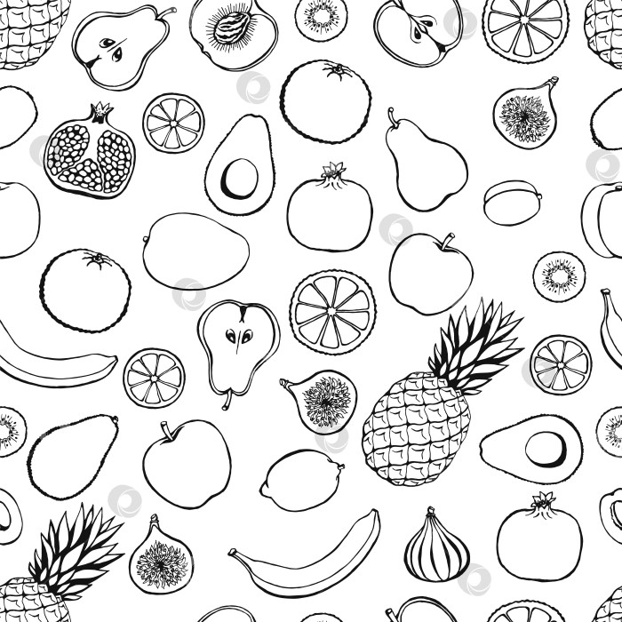 Скачать Бесшовный узор с нарисованными от руки фруктами на зеленом фоне. Вегетарианские обои. Для дизайна упаковки, текстиля, фона, дизайнерских открыток и плакатов. фотосток Ozero