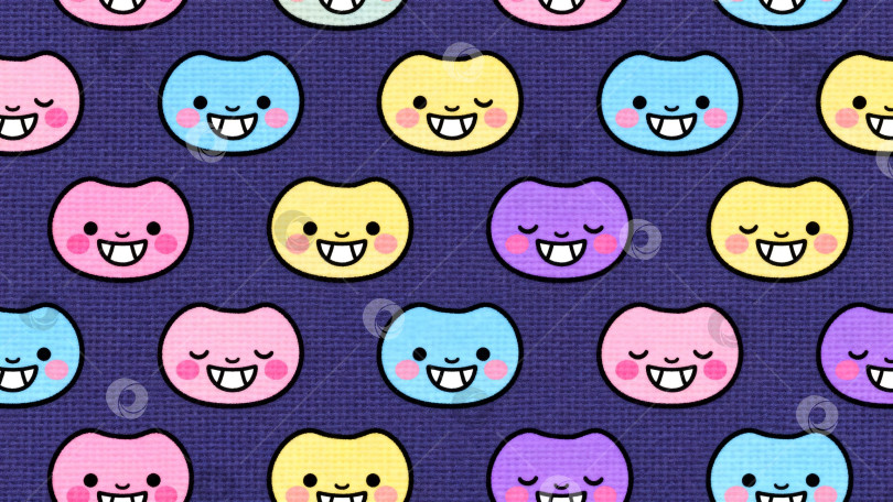 Скачать Яркие мультяшные зубы с весёлыми лицами на фиолетовом фоне, символизирующие детскую стоматологию и позитивное отношение к гигиене полости рта фотосток Ozero