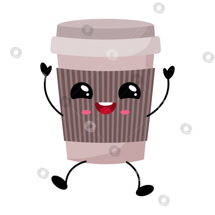 Скачать Симпатичный бумажный стаканчик для кофе, персонаж с кавайными эмоциями, смеющийся и прыгающий от радости. фотосток Ozero