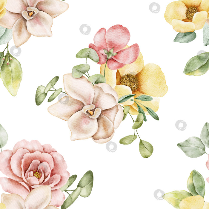Скачать Акварельный цветочный узор с розовыми и желтыми цветами камелии и орхидеи, соцветиями магнолии и зелеными листьями. Для ткани, обоев, подарочной упаковки, канцелярских принадлежностей, скрапбукинга, дизайна поверхностей. фотосток Ozero