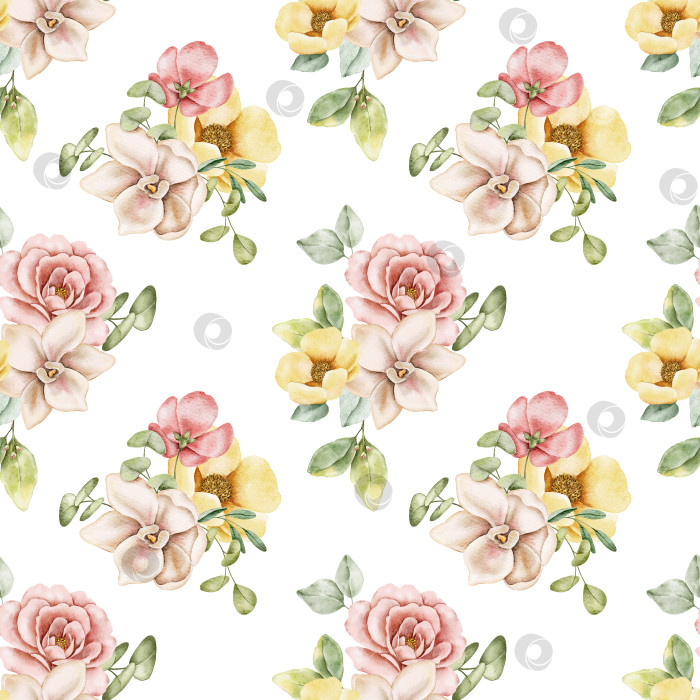 Скачать Акварельный бесшовный цветочный узор с розовыми цветами пиона, бежевыми соцветиями орхидеи, мелкими садовыми цветами и зелеными тропическими листьями. Для ткани, обоев, подарочной упаковки, упаковочных материалов, канцелярских принадлежностей фотосток Ozero