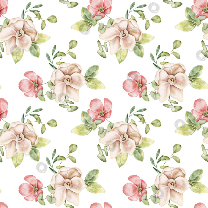 Скачать Акварельный бесшовный цветочный узор с бежевыми и розовыми цветами магнолии и орхидеи, зелеными тропическими листьями и ветками. Для ткани, обоев, подарочной упаковки, канцелярских принадлежностей, скрапбукинга. фотосток Ozero