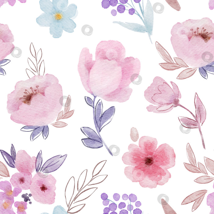 Скачать Бесшовный узор "Розовые цветы" в простом стиле с розовыми соцветиями, мелкими голубыми цветочками, фиолетовыми ягодами. Для ткани, обоев, подарочной упаковки, канцелярских принадлежностей, скрапбукинга и дизайна поверхностей. фотосток Ozero