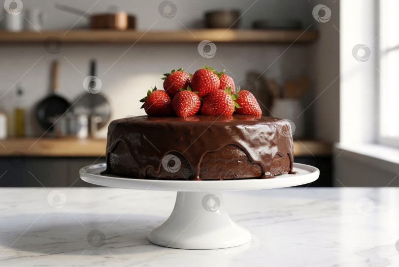 Скачать Домашний шоколадный торт со свежей клубникой на подставке для торта. Создан искусственный интеллект. фотосток Ozero