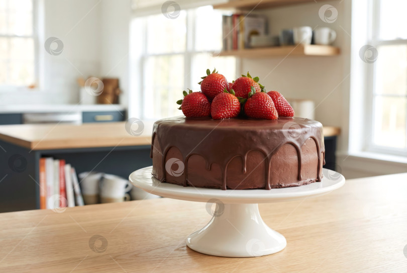 Скачать Домашний шоколадный торт со свежей клубникой на подставке для торта. Создан искусственный интеллект. фотосток Ozero