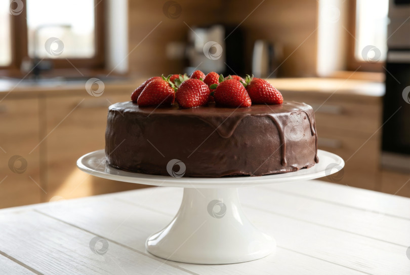 Скачать Домашний шоколадный торт со свежей клубникой на подставке для торта. Создан искусственный интеллект. фотосток Ozero