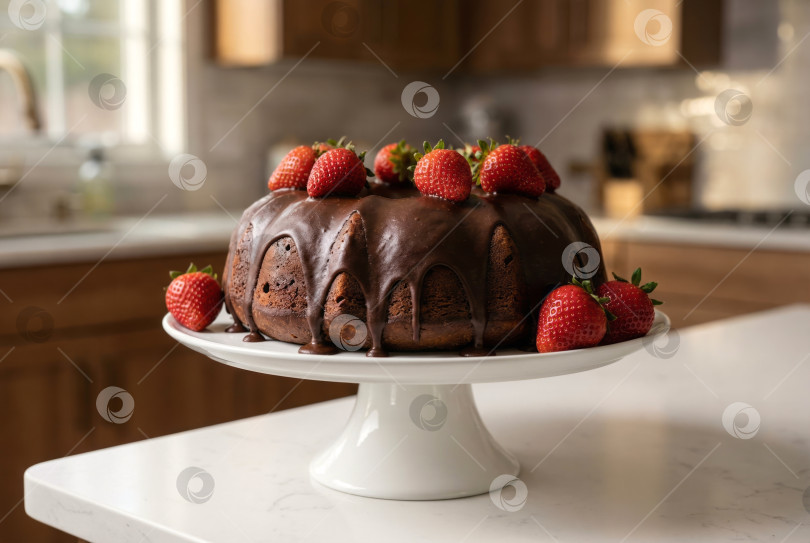 Скачать Домашний шоколадный торт со свежей клубникой на подставке для торта. Создан искусственный интеллект. фотосток Ozero