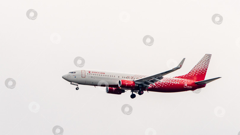 Скачать Boeing 737-800 авиакомпании "Россия" летит со снижением к взлетно-посадочной полосе на фоне облачного неба. Крупный план. Шасси и закрылки самолета выпущены. фотосток Ozero