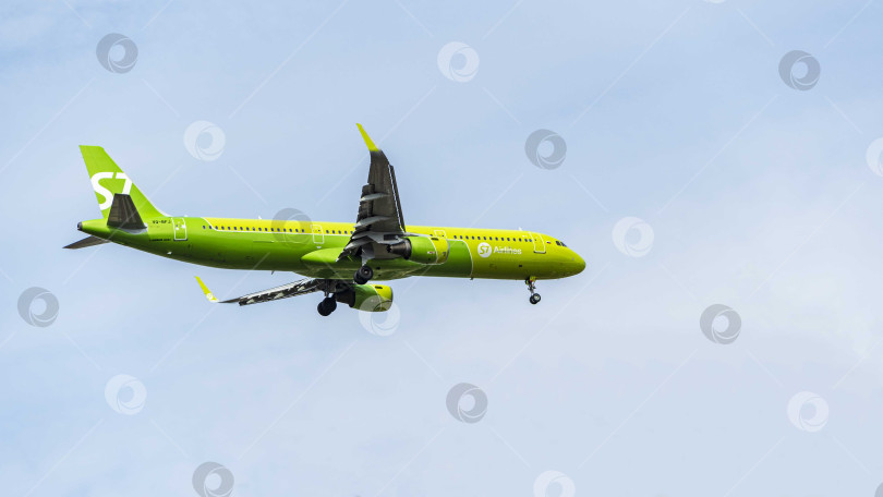 Скачать Airbus A321 опускается на взлетно-посадочную полосу аэропорта Адлера на фоне голубого весеннего неба. S7 Airlines. Крупный план. Шасси и закрылки самолета выпущены. Сочи, Россия - 15 марта 2021 года фотосток Ozero