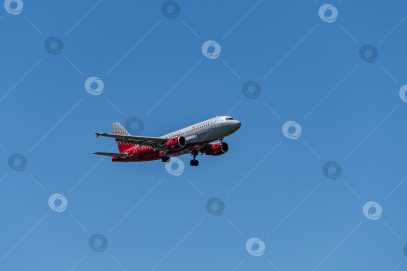 Скачать Boeing 737-800 летит на фоне голубого весеннего неба в аэропорт Адлера. Крупный план. РОССИЯ - РОССИЙСКИЕ АВИАЛИНИИ. Шасси и закрылки самолета выпущены. фотосток Ozero