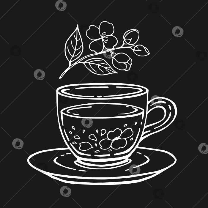 Скачать Стеклянная чашка чая с жасмином. Векторная иллюстрация, выполненная от руки в контурном стиле. фотосток Ozero