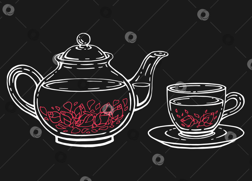 Скачать Чайный сервиз со стеклянным чайником и чашкой, роза. Векторная иллюстрация, нарисованная вручную в контурном стиле. фотосток Ozero