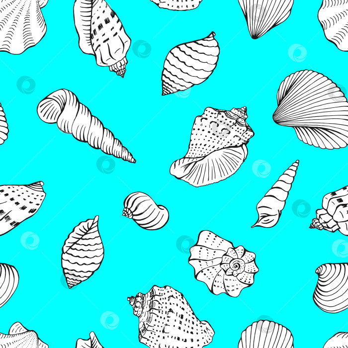 Скачать Бесшовный узор с морскими ракушками. Морской фон. Векторная иллюстрация, нарисованная вручную. фотосток Ozero