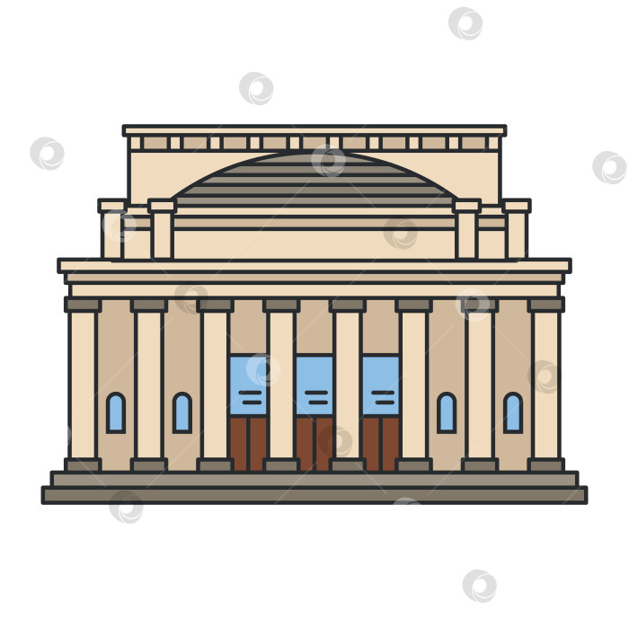 Скачать Классическое театральное здание с большим куполом и колоннадным фасадом. Стиль плоских очертаний в мягких тонах. Иллюстрация. Объект, выделенный на белом фоне. фотосток Ozero